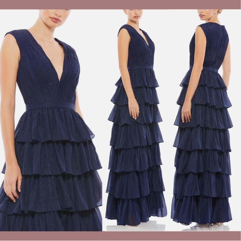 NWT $398 IEENA Mac Duggal [ 12 ] Sparkly Ruffle‎ Layered Gown Midnight Blue